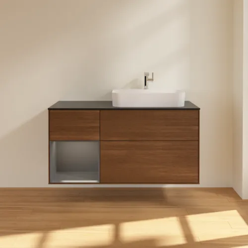 VILLEROY BOCH Toaletní skříňka Finion, s osvětlením, 3 výsuvy, 1200 x 603 x 501 mm, ořechová dýha / antracitový matný lak / černé matné sklo #F392GKGN, obrázek 3