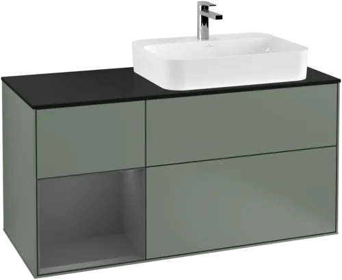 VILLEROY BOCH Toaletní skříňka Finion, s osvětlením, 3 výsuvy, 1200 x 603 x 501 mm, olivový matný lak / antracitový matný lak / černé matné sklo #F392GKGM, obrázek 1