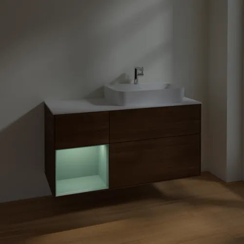 VILLEROY BOCH Toaletní stolek Finion, s osvětlením, 3 výsuvy, 1200 x 603 x 501 mm, ořechová dýha / olivový matný lak / sklo bílé matné #F391GMGN, obrázek 5