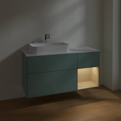 VILLEROY BOCH Toaletní skříňka Finion, s osvětlením, 3 výsuvy, 1200 x 603 x 501 mm, olivový matný lak / dubová dýha / sklo bílé matné #F401PCGM, obrázek 5