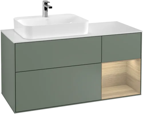 VILLEROY BOCH Toaletní skříňka Finion, s osvětlením, 3 výsuvy, 1200 x 603 x 501 mm, olivový matný lak / dubová dýha / sklo bílé matné #F401PCGM