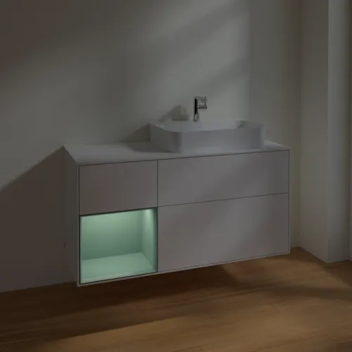 VILLEROY BOCH Toaletní skříňka Finion, s osvětlením, 3 výsuvy, 1200 x 603 x 501 mm, lesklý bílý lak / olivově matný lak / sklo bílé matné #F391GMGF, obrázek 5