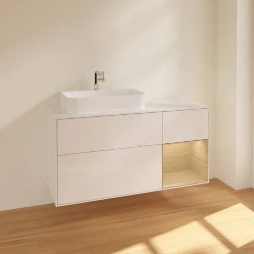 VILLEROY BOCH Toaletní skříňka Finion, s osvětlením, 3 výsuvy, 1200 x 603 x 501 mm, lesklý bílý lak / dubová dýha / sklo bílé matné #F401PCGF, obrázek 2