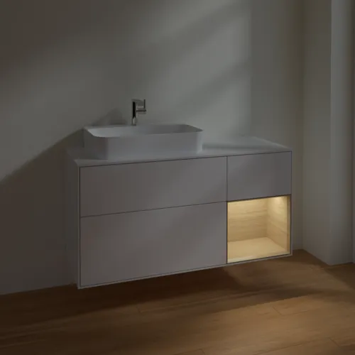 VILLEROY BOCH Toaletní skříňka Finion, s osvětlením, 3 výsuvy, 1200 x 603 x 501 mm, lesklý bílý lak / dubová dýha / sklo bílé matné #F401PCGF, obrázek 5