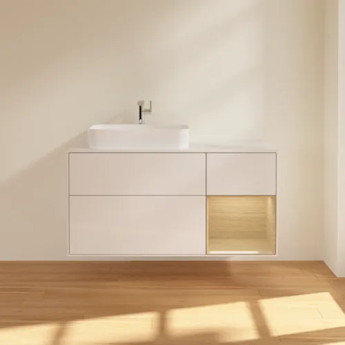 VILLEROY BOCH Toaletní skříňka Finion, s osvětlením, 3 výsuvy, 1200 x 603 x 501 mm, lesklý bílý lak / dubová dýha / sklo bílé matné #F401PCGF, obrázek 3