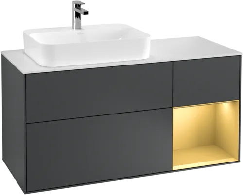 VILLEROY BOCH Toaletní skříňka Finion, s osvětlením, 3 výsuvy, 1200 x 603 x 501 mm, Midnight Blue Matt Lacquer / Gold Matt Lacquer / Glass White Matt #F401HFHG