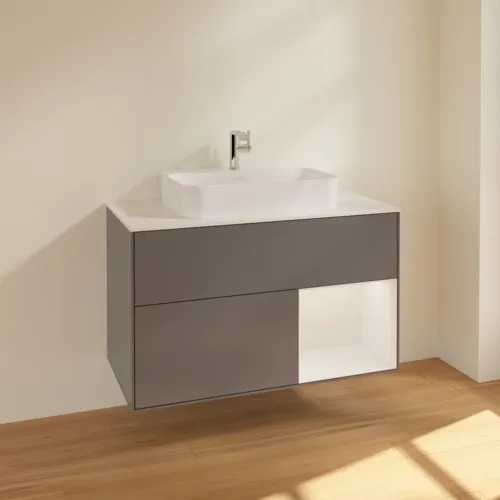 VILLEROY BOCH Toaletní skříňka Finion, s osvětlením, 2 výsuvy, 1000 x 603 x 501 mm, antracit matný lak / lesklý bílý lak / sklo bílé matné #F371GFGK, obrázek 2