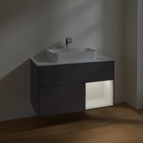 VILLEROY BOCH Toaletní skříňka Finion, s osvětlením, 2 výsuvy, 1000 x 603 x 501 mm, antracit matný lak / lesklý bílý lak / sklo bílé matné #F371GFGK, obrázek 5