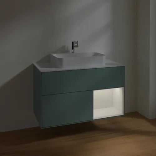 VILLEROY BOCH Toaletní skříňka Finion, s osvětlením, 2 výsuvy, 1000 x 603 x 501 mm, olivový matný lak / lesklý bílý lak / sklo bílé matné #F371GFGM, obrázek 5