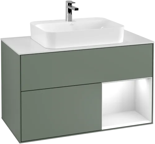 VILLEROY BOCH Toaletní skříňka Finion, s osvětlením, 2 výsuvy, 1000 x 603 x 501 mm, olivový matný lak / lesklý bílý lak / sklo bílé matné #F371GFGM
