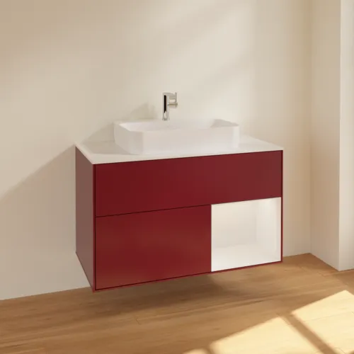 VILLEROY BOCH Toaletní skříňka Finion, s osvětlením, 2 výsuvy, 1000 x 603 x 501 mm, Pivoňka matný lak / lesklý bílý lak / sklo bílé matné #F371GFHB, obrázek 2