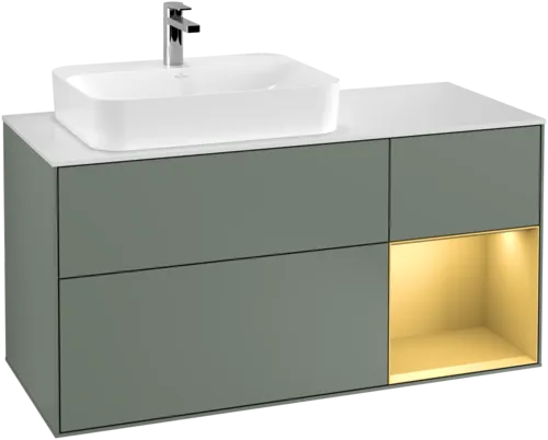 VILLEROY BOCH Toaletní skříňka Finion, s osvětlením, 3 výsuvy, 1200 x 603 x 501 mm, olivový matný lak / zlatý matný lak / bílé matné sklo #F401HFGM