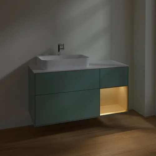 VILLEROY BOCH Toaletní skříňka Finion, s osvětlením, 3 výsuvy, 1200 x 603 x 501 mm, olivový matný lak / zlatý matný lak / bílé matné sklo #F401HFGM, obrázek 5