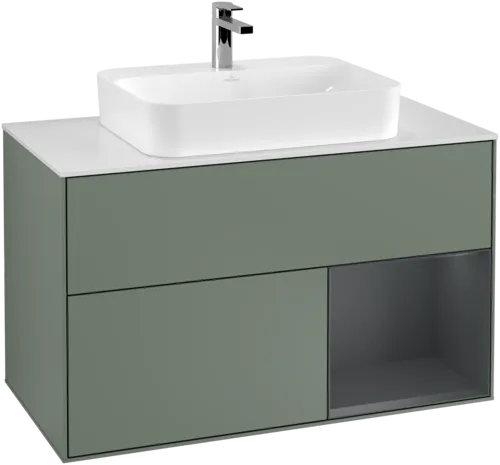 VILLEROY BOCH Toaletní skříňka Finion, s osvětlením, 2 výsuvy, 1000 x 603 x 501 mm, olivový matný lak / půlnoční modrý matný lak / bílé matné sklo #F371HGGM