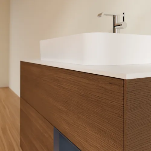 VILLEROY BOCH Toaletní skříňka Finion, s osvětlením, 2 výsuvy, 1000 x 603 x 501 mm, ořechová dýha / půlnočně modrý matný lak / sklo bílé matné #F371HGGN, obrázek 6