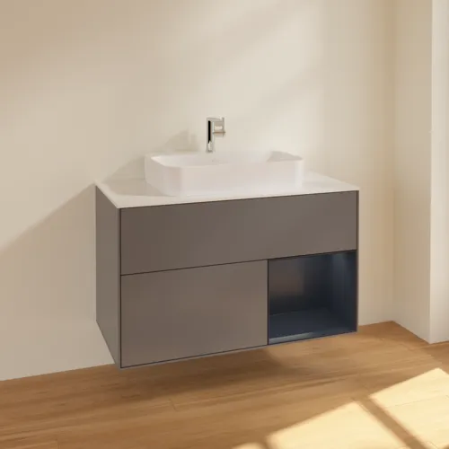 VILLEROY BOCH Toaletní skříňka Finion, s osvětlením, 2 výsuvy, 1000 x 603 x 501 mm, antracitový matný lak / půlnoční modrý matný lak / bílé matné sklo #F371HGGK, obrázek 2