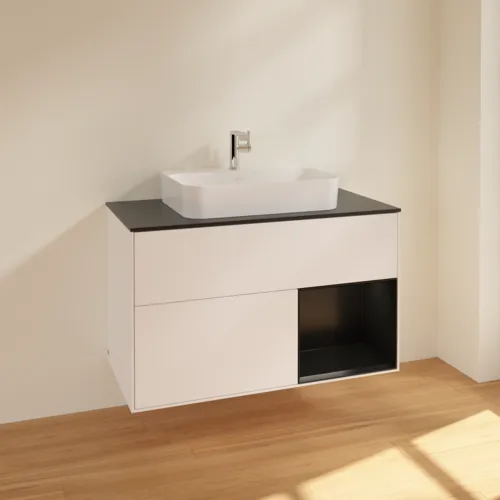 VILLEROY BOCH Toaletní skříňka Finion, s osvětlením, 2 výsuvy, 1000 x 603 x 501 mm, bílý matný lak / černý matný lak / černé matné sklo #F372PDMT, obrázek 2