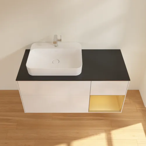 VILLEROY BOCH Toaletní skříňka Finion, s osvětlením, 3 výsuvy, 1200 x 603 x 501 mm, lesklý bílý lak / zlatý matný lak / černé matné sklo #F402HFGF, obrázek 4