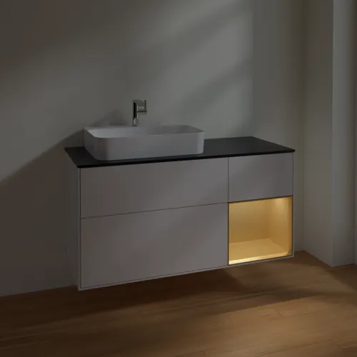 VILLEROY BOCH Toaletní skříňka Finion, s osvětlením, 3 výsuvy, 1200 x 603 x 501 mm, lesklý bílý lak / zlatý matný lak / černé matné sklo #F402HFGF, obrázek 5