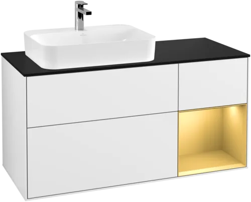VILLEROY BOCH Toaletní skříňka Finion, s osvětlením, 3 výsuvy, 1200 x 603 x 501 mm, lesklý bílý lak / zlatý matný lak / černé matné sklo #F402HFGF, obrázek 1
