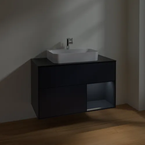 VILLEROY BOCH Toaletní skříňka Finion, s osvětlením, 2 výsuvy, 1000 x 603 x 501 mm, Midnight Blue Matt Lacquer / Midnight Blue Matt Lacquer / Glass Black Matt #F372HGHG, obrázek 5