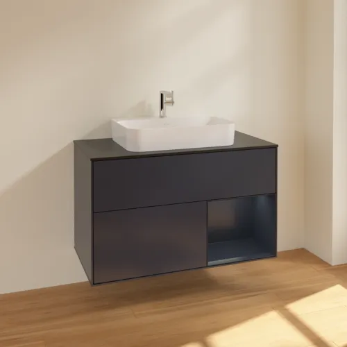 VILLEROY BOCH Toaletní skříňka Finion, s osvětlením, 2 výsuvy, 1000 x 603 x 501 mm, Midnight Blue Matt Lacquer / Midnight Blue Matt Lacquer / Glass Black Matt #F372HGHG, obrázek 2