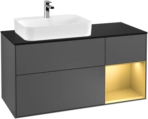 VILLEROY BOCH Toaletní skříňka Finion, s osvětlením, 3 výsuvy, 1200 x 603 x 501 mm, antracit matný lak / zlatý matný lak / černé matné sklo #F402HFGK