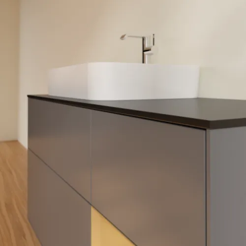 VILLEROY BOCH Toaletní skříňka Finion, s osvětlením, 3 výsuvy, 1200 x 603 x 501 mm, antracit matný lak / zlatý matný lak / černé matné sklo #F402HFGK, obrázek 6