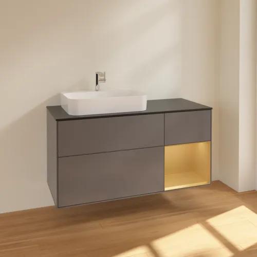 VILLEROY BOCH Toaletní skříňka Finion, s osvětlením, 3 výsuvy, 1200 x 603 x 501 mm, antracit matný lak / zlatý matný lak / černé matné sklo #F402HFGK, obrázek 2