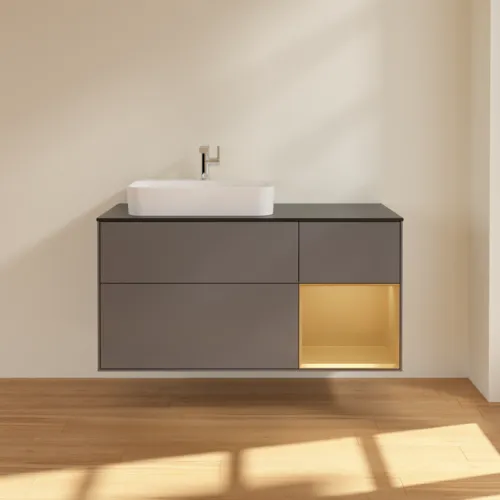 VILLEROY BOCH Toaletní skříňka Finion, s osvětlením, 3 výsuvy, 1200 x 603 x 501 mm, antracit matný lak / zlatý matný lak / černé matné sklo #F402HFGK, obrázek 3