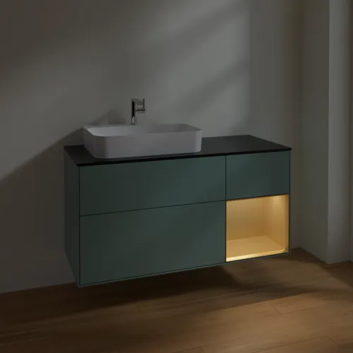 VILLEROY BOCH Toaletní skříňka Finion, s osvětlením, 3 výsuvy, 1200 x 603 x 501 mm, olivový matný lak / zlatý matný lak / černé matné sklo #F402HFGM, obrázek 5