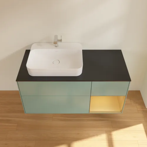 VILLEROY BOCH Toaletní skříňka Finion, s osvětlením, 3 výsuvy, 1200 x 603 x 501 mm, olivový matný lak / zlatý matný lak / černé matné sklo #F402HFGM, obrázek 4