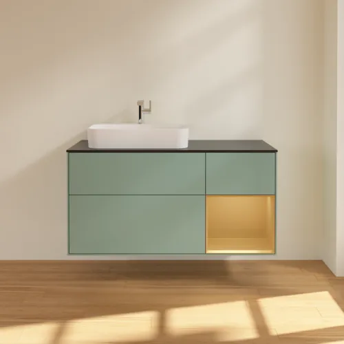 VILLEROY BOCH Toaletní skříňka Finion, s osvětlením, 3 výsuvy, 1200 x 603 x 501 mm, olivový matný lak / zlatý matný lak / černé matné sklo #F402HFGM, obrázek 3