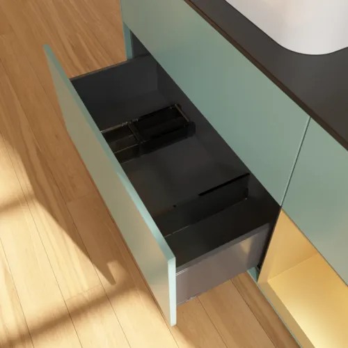 VILLEROY BOCH Toaletní skříňka Finion, s osvětlením, 3 výsuvy, 1200 x 603 x 501 mm, olivový matný lak / zlatý matný lak / černé matné sklo #F402HFGM, obrázek 7