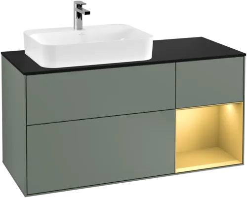 VILLEROY BOCH Toaletní skříňka Finion, s osvětlením, 3 výsuvy, 1200 x 603 x 501 mm, olivový matný lak / zlatý matný lak / černé matné sklo #F402HFGM