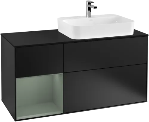 VILLEROY BOCH Toaletní skříňka Finion, s osvětlením, 3 výsuvy, 1200 x 603 x 501 mm, černý matný lak / olivový matný lak / černé matné sklo #F392GMPD