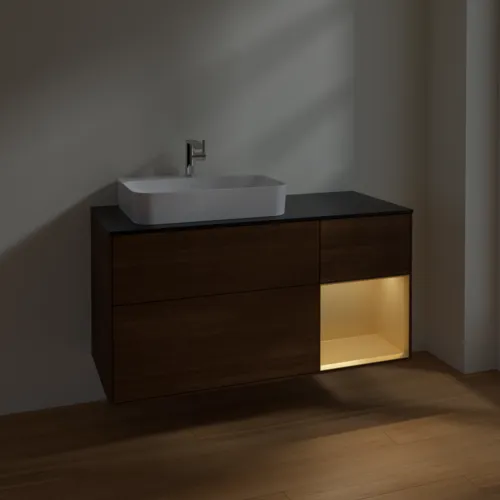VILLEROY BOCH Toaletní skříňka Finion, s osvětlením, 3 výsuvy, 1200 x 603 x 501 mm, ořechová dýha / zlatý matný lak / černé matné sklo #F402HFGN, obrázek 5