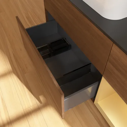 VILLEROY BOCH Toaletní skříňka Finion, s osvětlením, 3 výsuvy, 1200 x 603 x 501 mm, ořechová dýha / zlatý matný lak / černé matné sklo #F402HFGN, obrázek 7