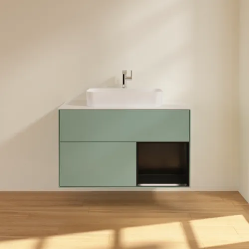 VILLEROY BOCH Toaletní skříňka Finion, s osvětlením, 2 výsuvy, 1000 x 603 x 501 mm, olivový matný lak / černý matný lak / bílé matné sklo #F371PDGM, obrázek 3