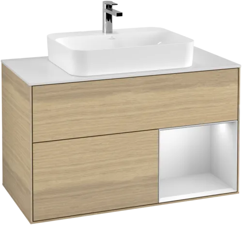 VILLEROY BOCH Toaletní skříňka Finion, s osvětlením, 2 výsuvy, 1000 x 603 x 501 mm, dubová dýha / bílý matný lak / sklo bílé matné #F371MTPC