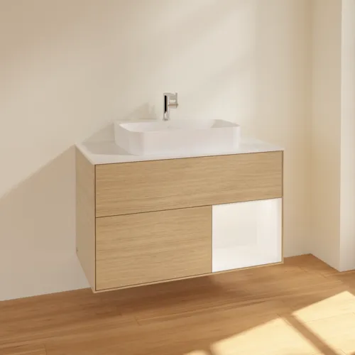 VILLEROY BOCH Toaletní skříňka Finion, s osvětlením, 2 výsuvy, 1000 x 603 x 501 mm, dubová dýha / bílý matný lak / sklo bílé matné #F371MTPC, obrázek 2