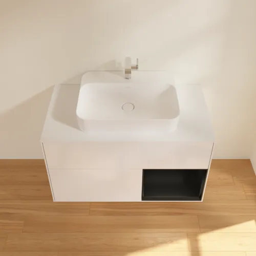 VILLEROY BOCH Umyvadlová skříňka Finion, s osvětlením, 2 výsuvy, 1000 x 603 x 501 mm, lesklý bílý lak / černý matný lak / bílé matné sklo #F371PDGF, obrázek 4