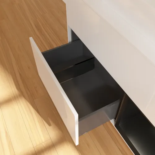 VILLEROY BOCH Umyvadlová skříňka Finion, s osvětlením, 2 výsuvy, 1000 x 603 x 501 mm, lesklý bílý lak / černý matný lak / bílé matné sklo #F371PDGF, obrázek 7