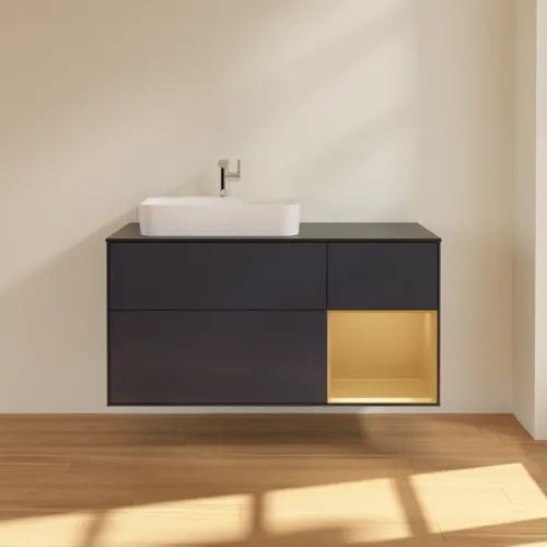 VILLEROY BOCH Toaletní skříňka Finion, s osvětlením, 3 výsuvy, 1200 x 603 x 501 mm, Midnight Blue Matt Lacquer / Gold Matt Lacquer / Glass Black Matt #F402HFHG, obrázek 3