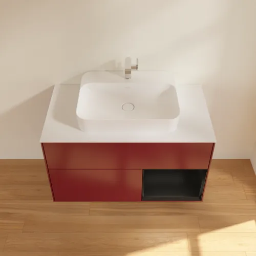 VILLEROY BOCH Toaletní skříňka Finion, s osvětlením, 2 výsuvy, 1000 x 603 x 501 mm, Pivoňka matný lak / Černý matný lak / Sklo bílé matné #F371PDHB, obrázek 4