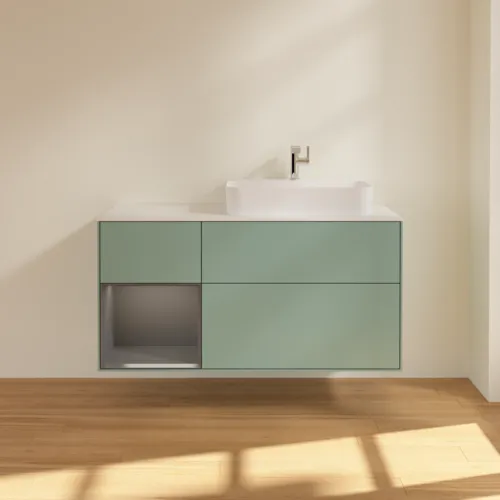 VILLEROY BOCH Toaletní skříňka Finion, s osvětlením, 3 výsuvy, 1200 x 603 x 501 mm, olivový matný lak / antracitový matný lak / bílé matné sklo #F391GKGM, obrázek 3