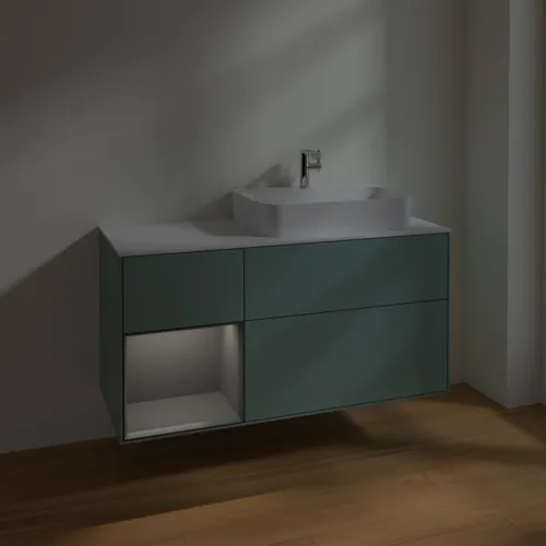 VILLEROY BOCH Toaletní skříňka Finion, s osvětlením, 3 výsuvy, 1200 x 603 x 501 mm, olivový matný lak / antracitový matný lak / bílé matné sklo #F391GKGM, obrázek 5