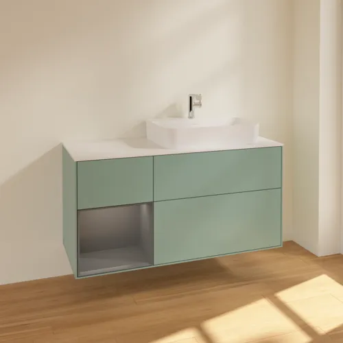 VILLEROY BOCH Toaletní skříňka Finion, s osvětlením, 3 výsuvy, 1200 x 603 x 501 mm, olivový matný lak / antracitový matný lak / bílé matné sklo #F391GKGM, obrázek 2