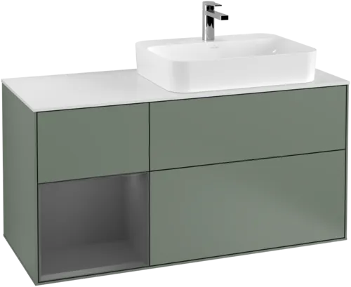 VILLEROY BOCH Toaletní skříňka Finion, s osvětlením, 3 výsuvy, 1200 x 603 x 501 mm, olivový matný lak / antracitový matný lak / bílé matné sklo #F391GKGM, obrázek 1