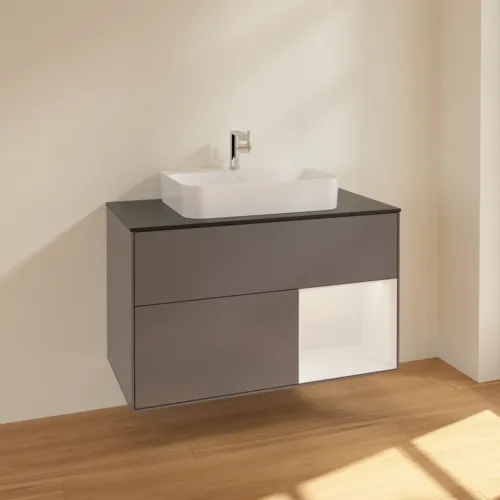 VILLEROY BOCH Toaletní skříňka Finion, s osvětlením, 2 výsuvy, 1000 x 603 x 501 mm, antracit matný lak / lesklý bílý lak / sklo černé matné #F372GFGK, obrázek 2